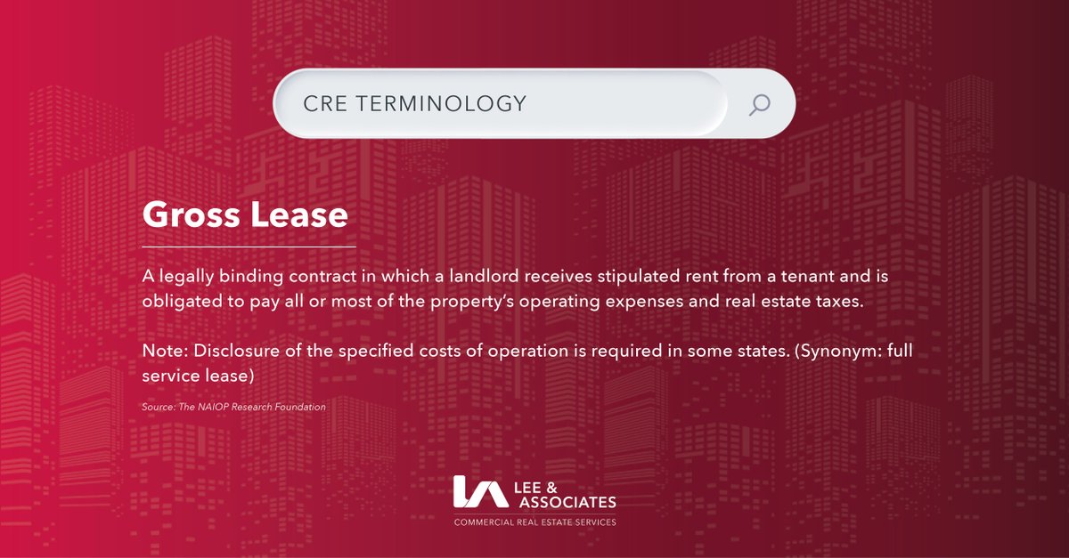 LeeAssociatesRE's tweet photo. 📚 #GrossLease: A legally binding contract in which a landlord receives stipulated rent from a tenant and is obligated to pay all or most of the property’s operating expenses and real estate taxes.

#CRE #Terminology #LeeAssociates #CommercialRealEstate #CRETips #CRETerminology https://t.co/11ne8fDWhq
