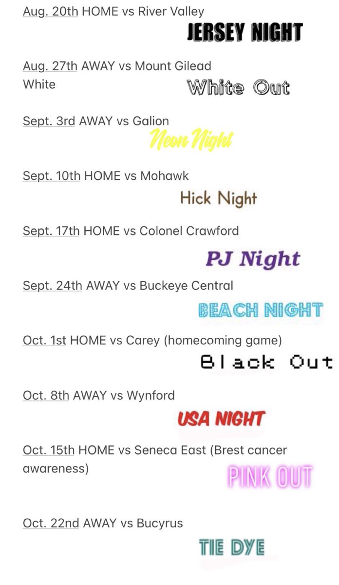 The fall sports seasons are just getting started! Here’s your 2021 student section themes for Friday night games! Let’s start off strong with Jersey Night🏈, and support the boys at HOME vs River Valley
