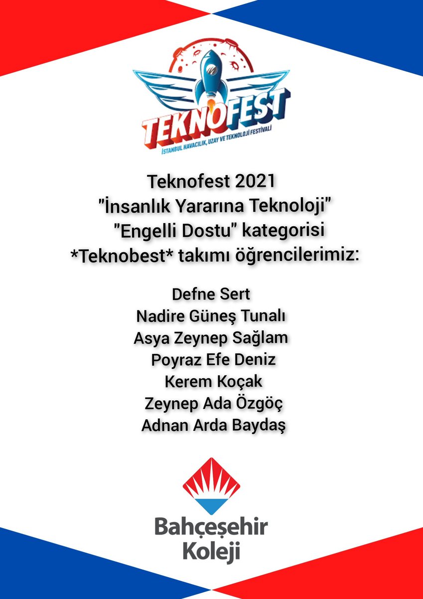 🚀"Teknofest 2021 İnsanlık Yararına Teknoloji Yarışması"nda finale kalmaya hak kazanan öğrencilerimizi ve danışman öğretmenimizi tebrik eder, finalde başarılar dileriz..👏