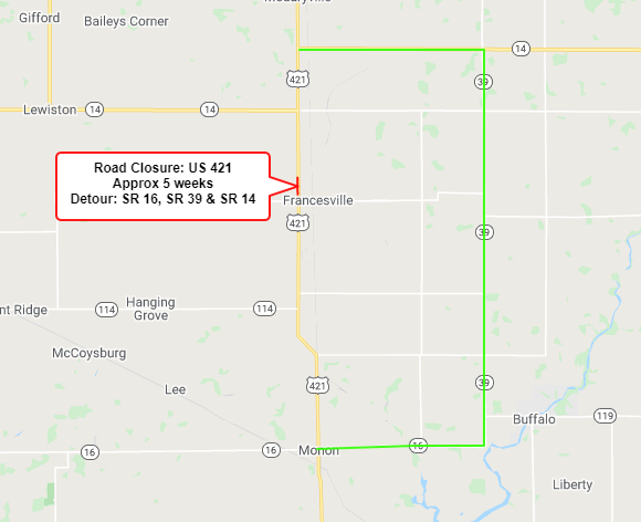 PulaskiJournal's tweet photo. U.S. 421 will be closed north of Francesville between Gordon St &amp; CR 300 S beginning on or after Monday, Aug. 23. The road will be closed for approximately five weeks for a culvert &amp; storm sewer line replacement.  The official detour will follow SR 16, SR 39 &amp; SR 14. https://t.co/c9z0R1mfpx