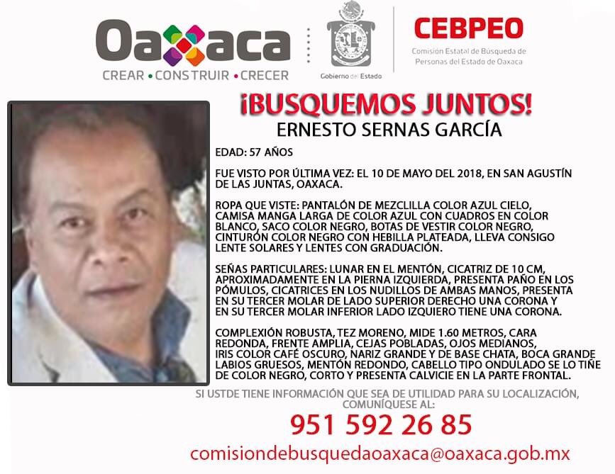 comision_oaxaca's tweet photo. Solicitamos su colaboración para localizar a Ernesto Sernas García, desparecido desde el 10 de mayo del 2018, en San Agustín de las Juntas, #Oaxaca. Cualquier información contactar al número: 951 592 26 85. #BusquemosJuntos #Oaxaca #TodosEnLaBusqueda https://t.co/zn7OCbAO1E