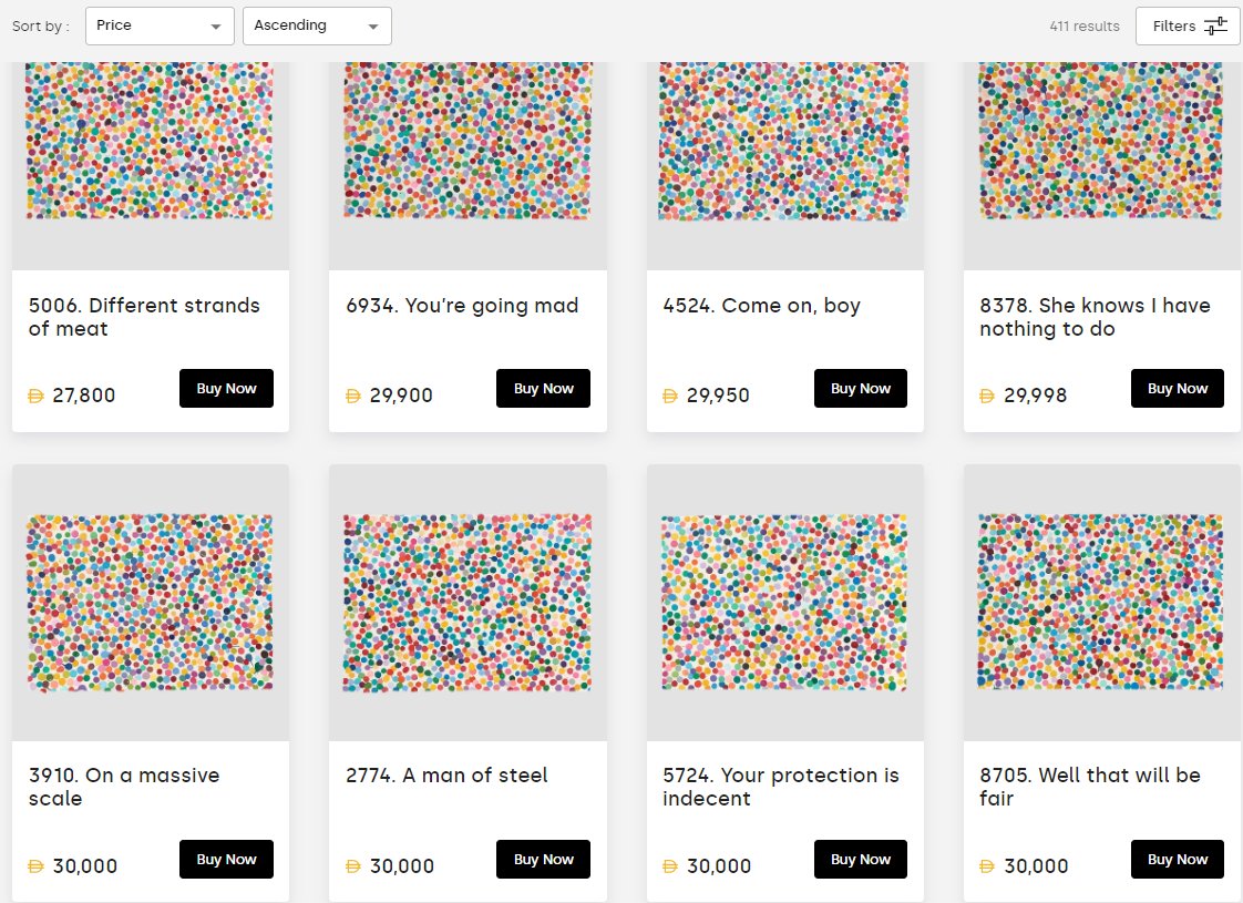 PlungeFather's tweet photo. Interesting dynamic playing out with @hirst_official #rocketdots

Up until this point, the "floor price" on @HENIGroup has been considerably lower than the tokens on @opensea. In some cases >1ETH difference.

Now, OS floor: 8ETH ($~25,500)
HENI floor: $27,800 (~8.72ETH) https://t.co/Osg0KuuzNf