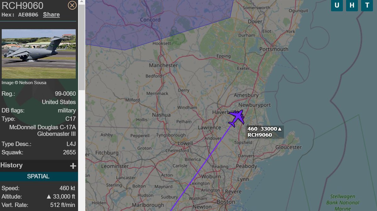 OS_Intel's tweet image. REACH9060, a USAF C-17A Globemaster cargo A/C, is airborne north of #Boston on overseas sortie.
Will be interested where this flight pops up later in the day