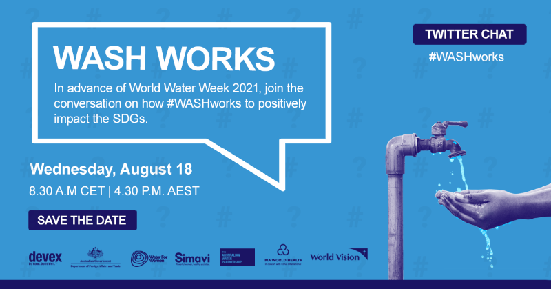 A big welcome to our panelists from @_waterforwomen, @dfat, @WorldVision, @SimaviNL, @imaworldhealth, @WaterPartnersAU, and everyone taking part in the #WASHworks Twitter chat on the power of WASH and how it can positively impact the SDGs.

Feel free to introduce yourselves.