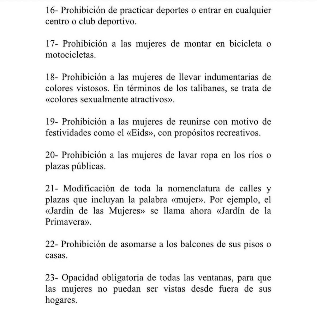 andall93's tweet photo. Las 29 prohibiciones que los talibanes imponen a las mujeres 

Fuente: Revolutionary Association of the Women of Afghanistan (RAWA), ABC International y Elsa Alcalá

Cr: https://t.co/RaQvvOyjMV https://t.co/tpFNv5ccov