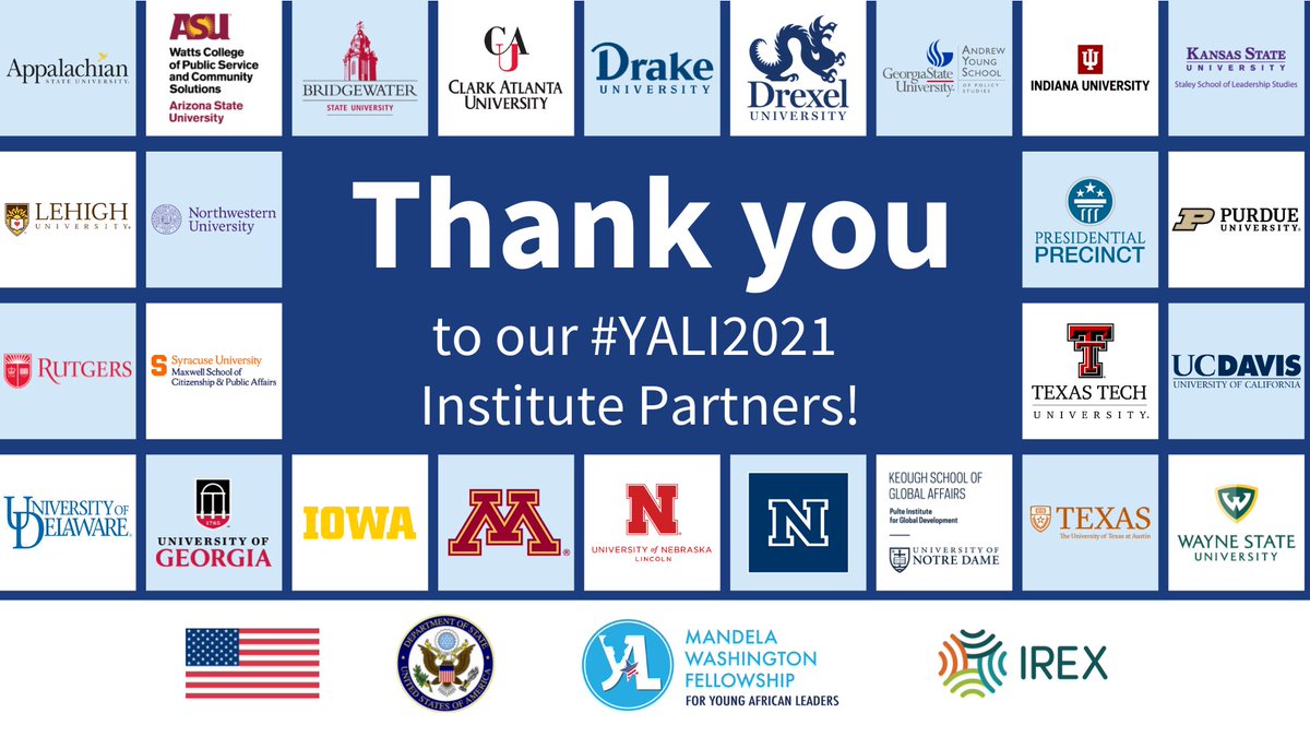 WashFellowship's tweet photo. Thank you to our #YALI2021 Institute Partners for all of their work making the 2021 @WashFellowship a success! We appreciate your tireless work in support of our #MandelaFellows across Africa. @ECAatState @exchangealumni @YALINetwork https://t.co/avuwCkGEy1