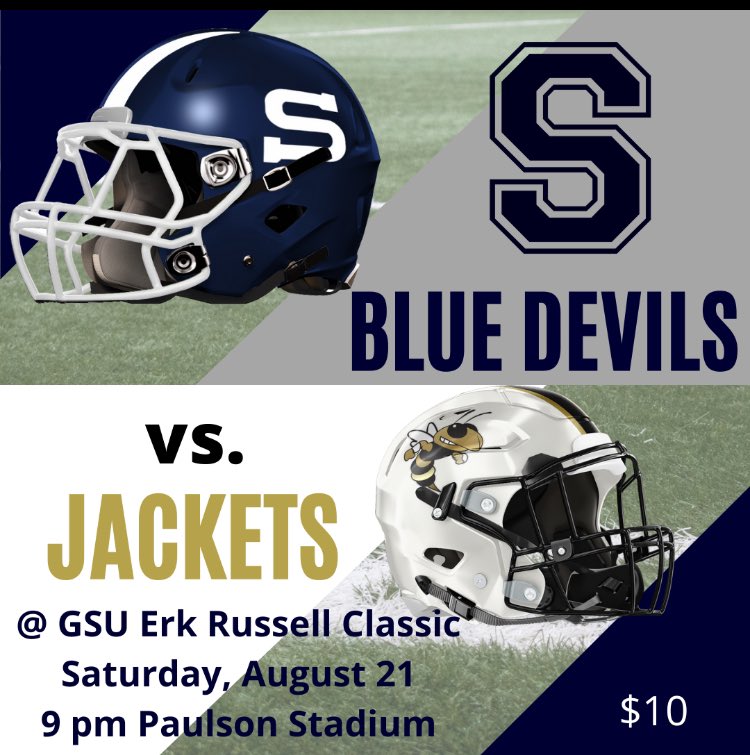 Statesboro vs Wayne Co at the Erk Russell Classic at GSU - Saturday, August 21 at 9:00 pm. Pre-sell tickets are available at the SHS front office all week for $10. Let’s go Devils! #WeAreStatesboro