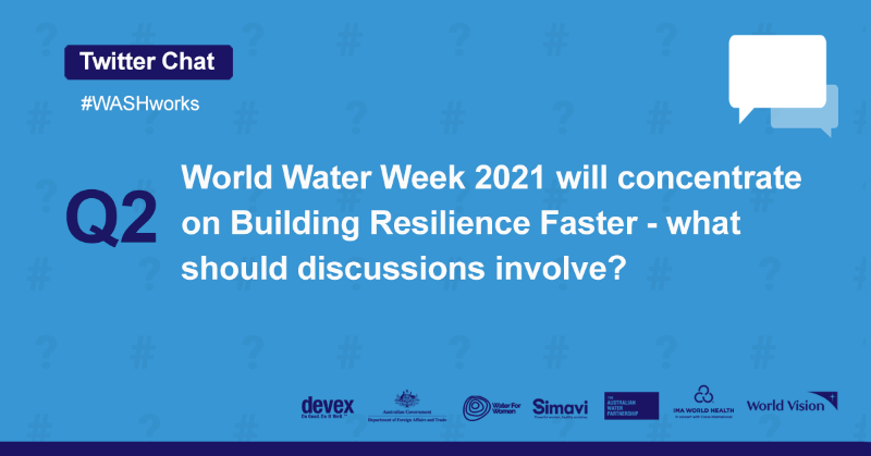devex's tweet photo. Q2: World Water Week 2021 will concentrate on Building Resilience Faster - what should discussions involve? 

#WASHworks https://t.co/S04BISAXDA