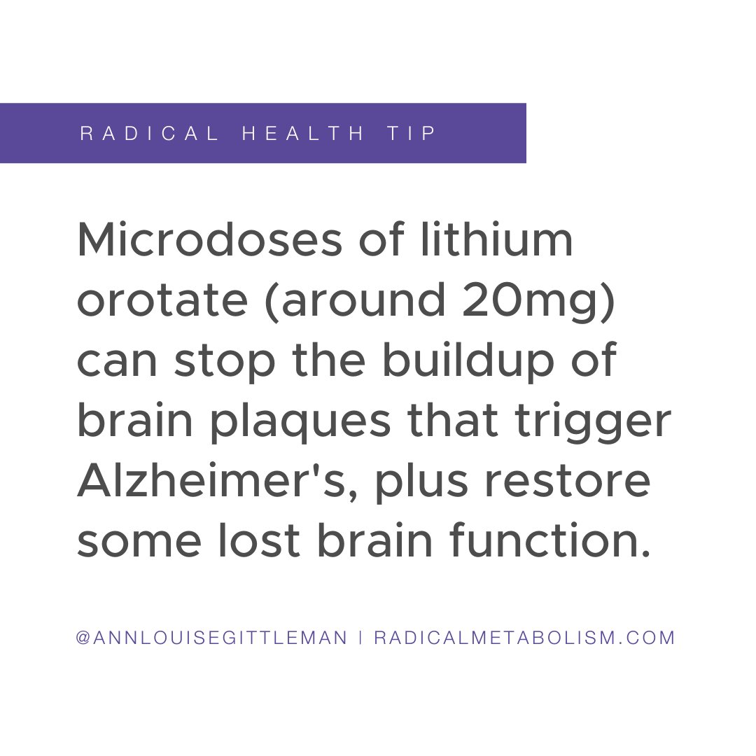 ALGittleman's tweet photo. Researchers at Canada's McGill University found that microdoses of lithium can stop the buildup of brain plaques that trigger #Alzheimers, plus restore some lost brain function.
I recommend 20 to 80 mg of lithium orotate daily, distributed throughout the day. #RadicalHealthTip https://t.co/3jrvmNPzvV