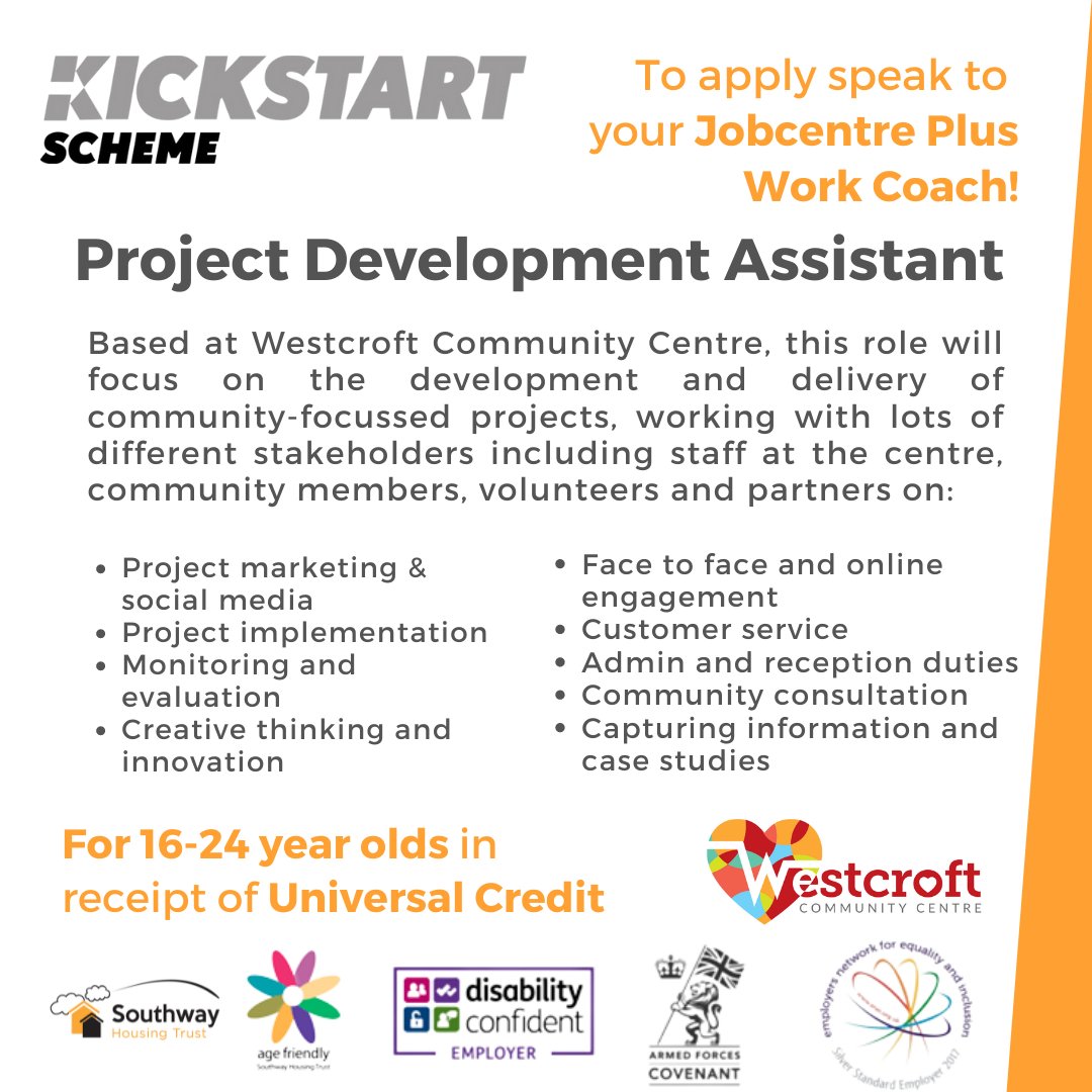 SouthwayHousing's tweet photo. Our Kickstart employees are thriving, and so we're excited to announce a NEW position based at Westcroft Community Centre... 

✨Project Development Assistant✨

This role is for 16-24s in receipt of #UniversalCredit who apply via their Jobcentre Plus Workcoach

#KickstartGM https://t.co/LZTiliBs4X