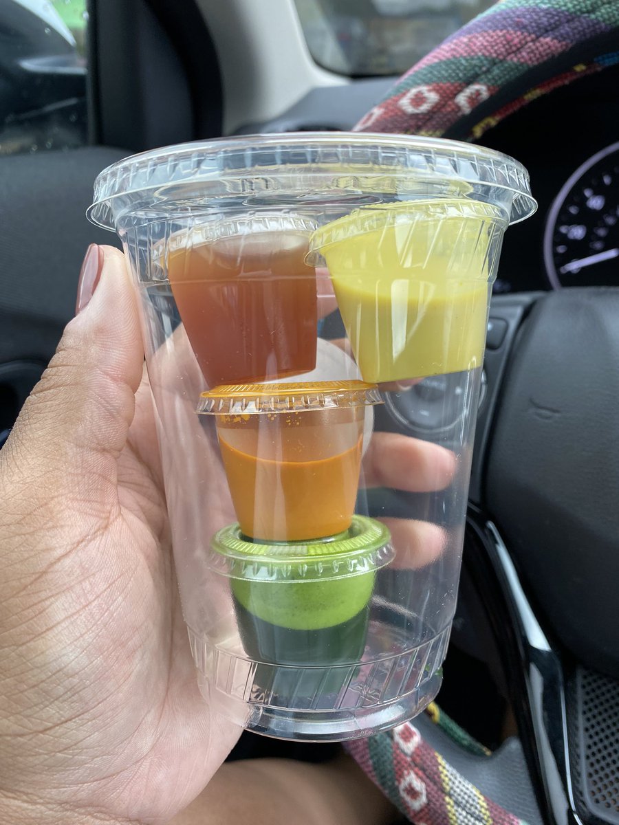 CallMeMoprah's tweet photo. I’ve had the worst cold (negative covid test!!) so my cousin brought me this “Grand Slam” series of juice shots from #Diata, a local Black-owned juice bar: wheatgrass, turmeric, ginger, with a pineapple chaser. Don’t know if it’s a placebo or what, but I feel worlds better today! https://t.co/5TiKzE9VKt