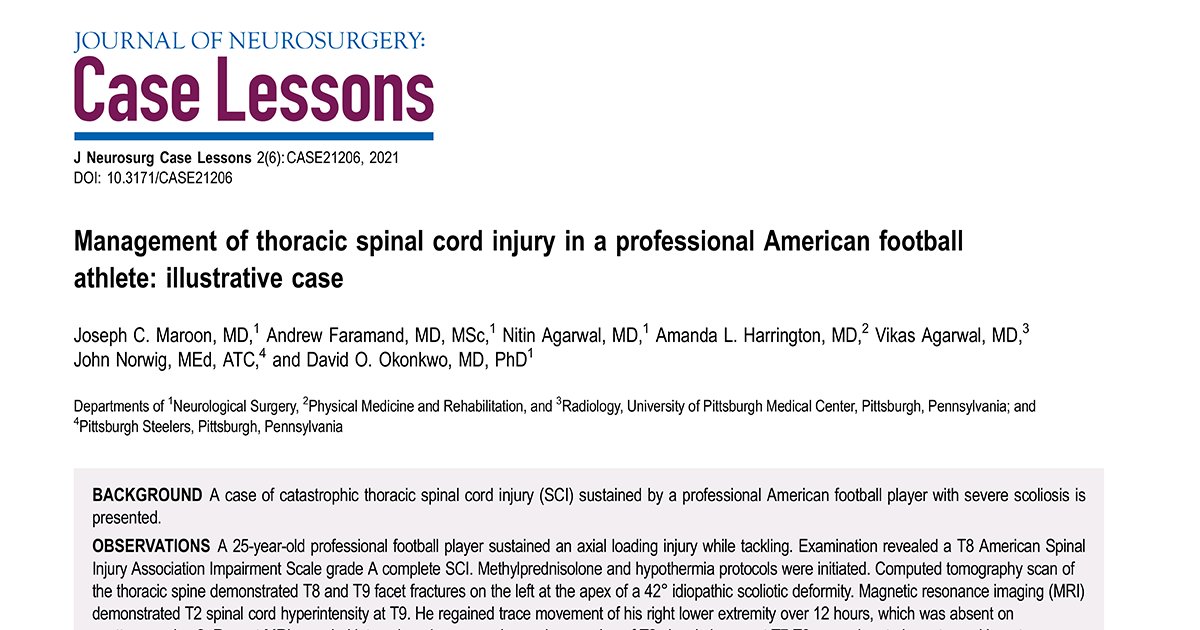 PittNeurosurg's tweet photo. Illustrative study of 25-yo @NFL linebacker with catastrophic thoracic spinal cord injury sustained while tackling. Aggressive medical and surgical intervention with intensive rehabilitation achieves favorable outcome. https://t.co/rn7WRzXwCl @DrJosephMaroon @UPMCPhysicianEd https://t.co/JnnI8XXayC