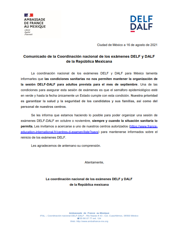 La Alianza Francesa de Durango les comunica 👇⚠️