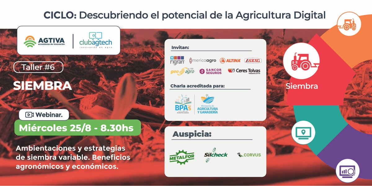 Club_AgTech's tweet image. El 6° Taller del ciclo “Descubriendo el potencial de la Agricultura Digital” está destinado a este tema, con análisis de casos y resultados. 🚜📲🌱
🗓️ 25/8 - 8.30 hs
🔗 Anotate acá: bit.ly/Agric-Digital
@corvuswebsrl 
@metalforsa 
@silchecksa