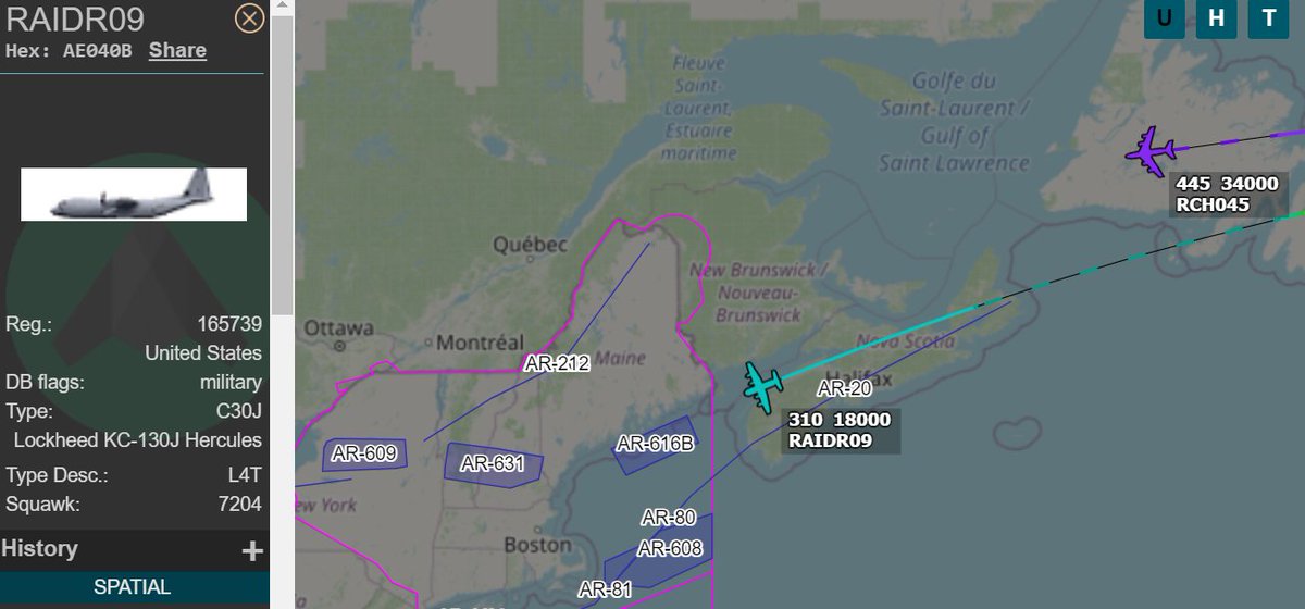 OS_Intel's tweet image. REACH045, #58-0102, a USAF KC-135R Air Refueling Tanker and RAIDER09, #165739, a KC-130J Super Hercules, inbound returning from overseas missions