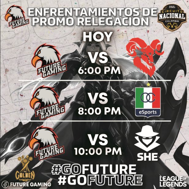 El día de hoy tenemos los enfrentamientos de promo relegación en  contra de <a href="/GodlikeGoatsGG/">Godlike Goats 🐐</a> , @EsportsOnce  y She, que definirán quienes serán los 2 equipos que continuaran por un cupo en la <a href="/LVPcolLoL/">LVP Colombia 🏆</a> .
.
.
.
.
#Entretenimiento #Moba #esports #lolsito