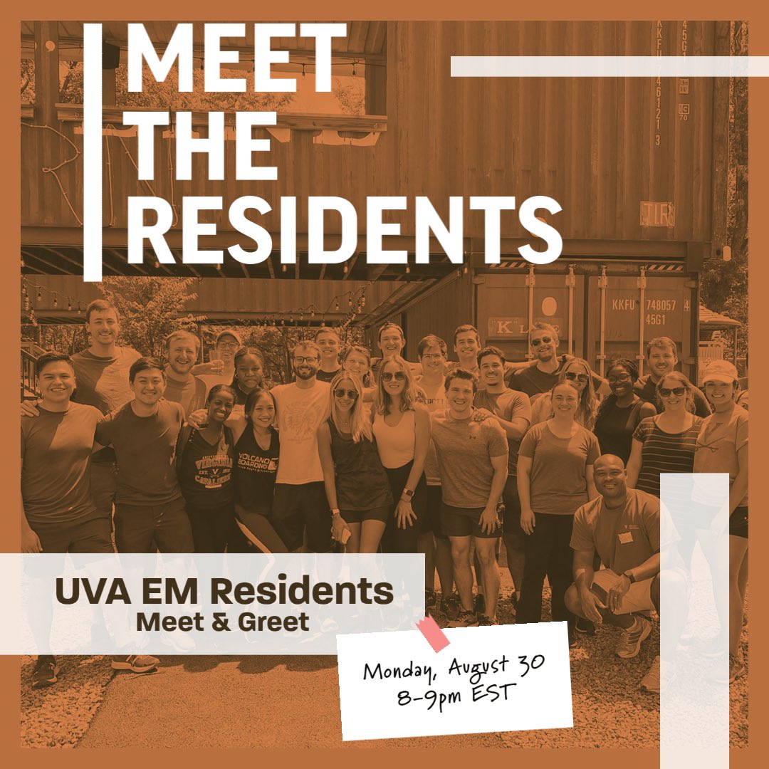 Join us Monday, Aug 30 at 8pm EST, for a Meet &amp; Greet with some of our residents. Grab a drink, come hang out with some awesome people, and ask your questions. RSVP link in bio. #uvaem #MedStudentTwitter #Match2022 #EMbound #emresidency #emergencymedicine