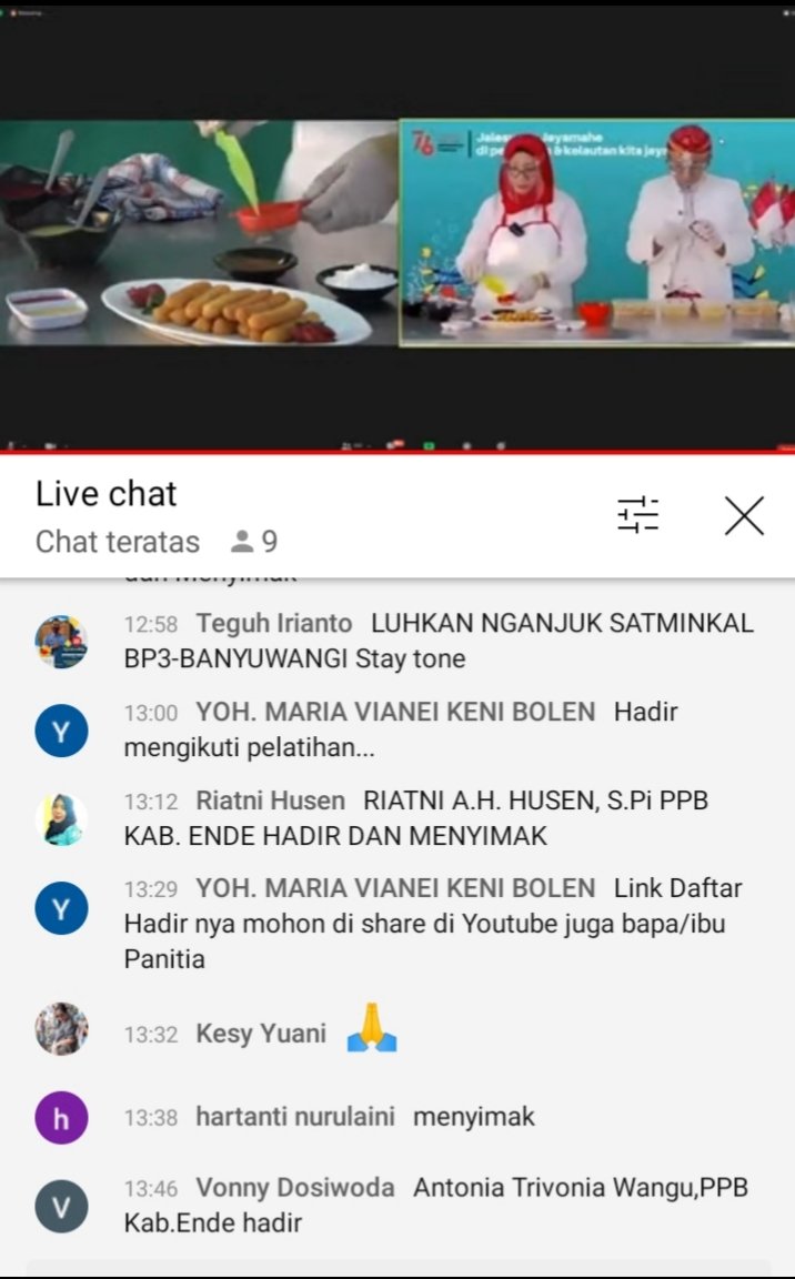 riatnichen's tweet photo. Selasa,17/08/2021, Riatni A.H. Husen, S.Pi, Luhkan Kabupaten Ende mengikuti Pelatihan Online Pembuatan Fish Churros edisi Memperingati HUT RI Ke-76 melalui live streaming youtube di TV Perikanan
#GiatLuhkanSatminkalGONDOL 
#kabende 
@puslatluhkp
@RISET_GONDOL
@brsdm_kp https://t.co/bMqg8S4ahs