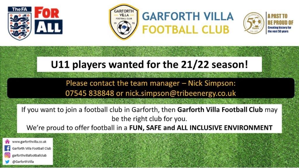 We're looking for new players to join our U11 team for the 21/22 season.
<a href="/WestRidingFA/">West Riding FA</a> <a href="/westridingoc/">West Riding Opportunity Centre</a>