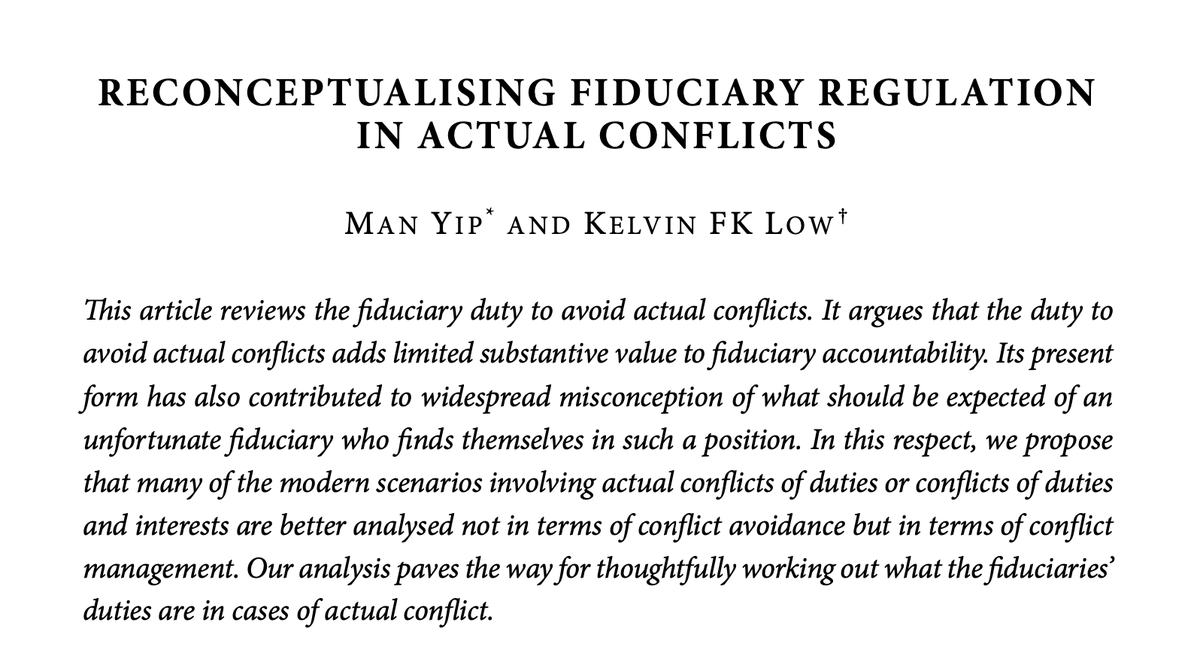 ADVANCE COPY 45(1): Man Yip (<a href="/ManYip01/">Man Yip</a>) and Kelvin Low (<a href="/NUSingapore/">NUS</a>) envision a new way of understanding the fiduciary duty to avoid actual conflicts.
law.unimelb.edu.au/__data/assets/…