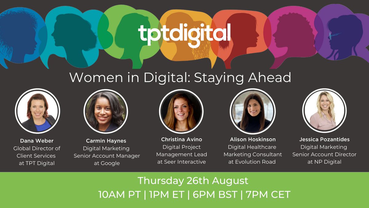 TPT_Digital's tweet photo. In celebration of #WomensEqualityDay, we're hosting a webinar with rising women in #digitalmarketing as they discuss how to stay ahead in this fast-paced industry. Register now: https://t.co/3unqEL57mN https://t.co/YrKhTWDaKc