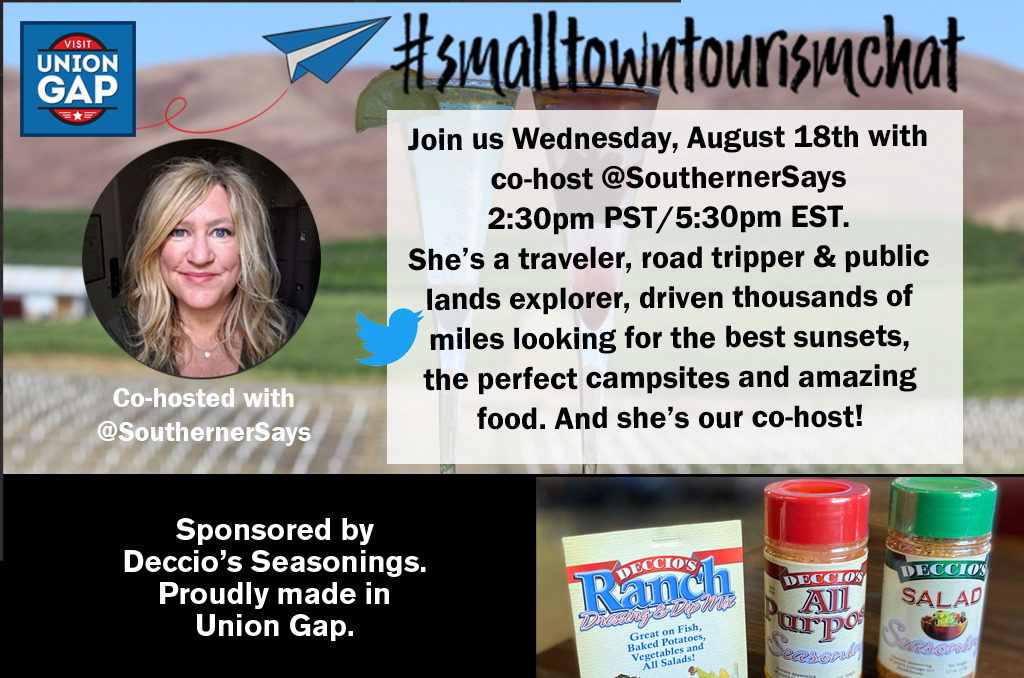 Fav part of #SmallTownTourismChat is recalling past cohosts. @SmallTownWA @VisitCBVA @TaitandKate @drugstoredivas @SouthernerSays (she's back this August! Woo hoo!) @HeatherLMcCurdy @ShastaCascade @BeckyMcCray @IBBtravel @FolderRed - keep following them all for gr8 content!