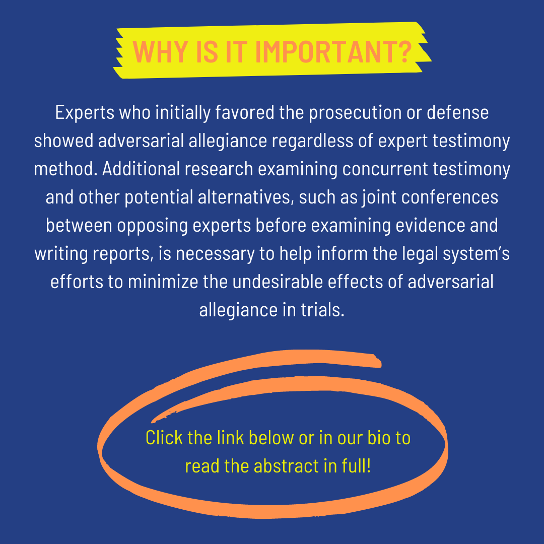 This week we are highlighting Perillo, Perillo, Despodova, &amp; Bull Kovera's article from the June 2021 issue about the impact of "hot tubbing" on expert witnesses. Click here to access the abstract- buff.ly/3yOaIPk <a href="/APLS41/">APLS41</a> <a href="/APLSsc/">AP-LS Students</a>