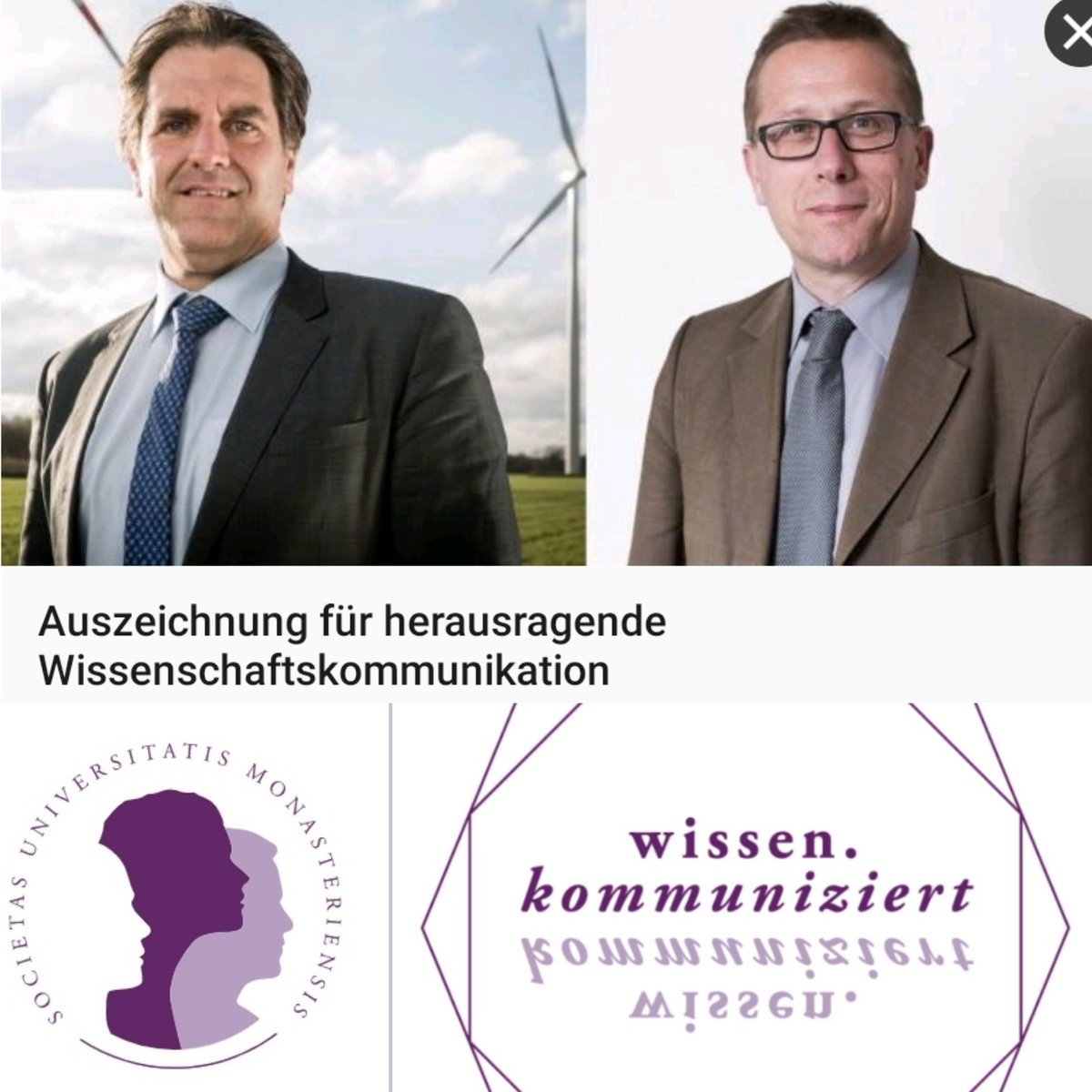 andreasloeschel's tweet photo. Ich freue mich sehr darüber, gemeinsam mit  Thomas Schüller den „Preis für #Wissenschaftskommunikation – wissen.kommuniziert“ der Universitätsgesellschaft Münster zu erhalten. #Energiewende #Klimapolitik https://t.co/xiiqasHJT0 https://t.co/w8flpUATtq
