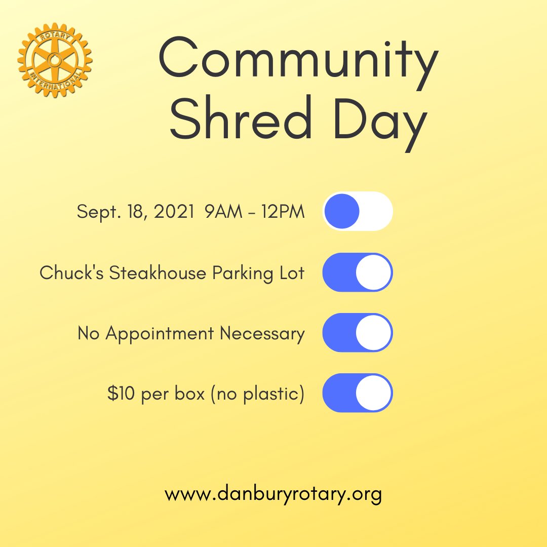 DanburyRotary's tweet photo. Shred Day is coming!
Have you stored up paperwork in your home that needs shredding?  On Sept. 18th we will be collecting your boxes of documents for shredding with Shred Smart.  
Join us in the parking lot of Chuck's Steakhouse, Danbury.
#shredday
#rotaryclubofdanbury https://t.co/dgeDHYNfqD
