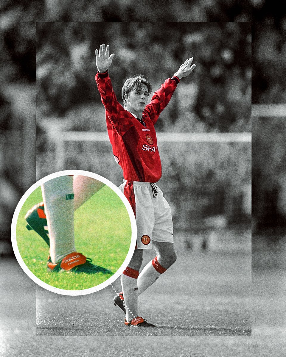 ManUtd's tweet image. The boots that Becks scored his iconic goal v Wimbledon in were never meant to be his 😅

Not a bad strike in Charlie&apos;s Predators! 🔎

#MUFC | #OnThisDay