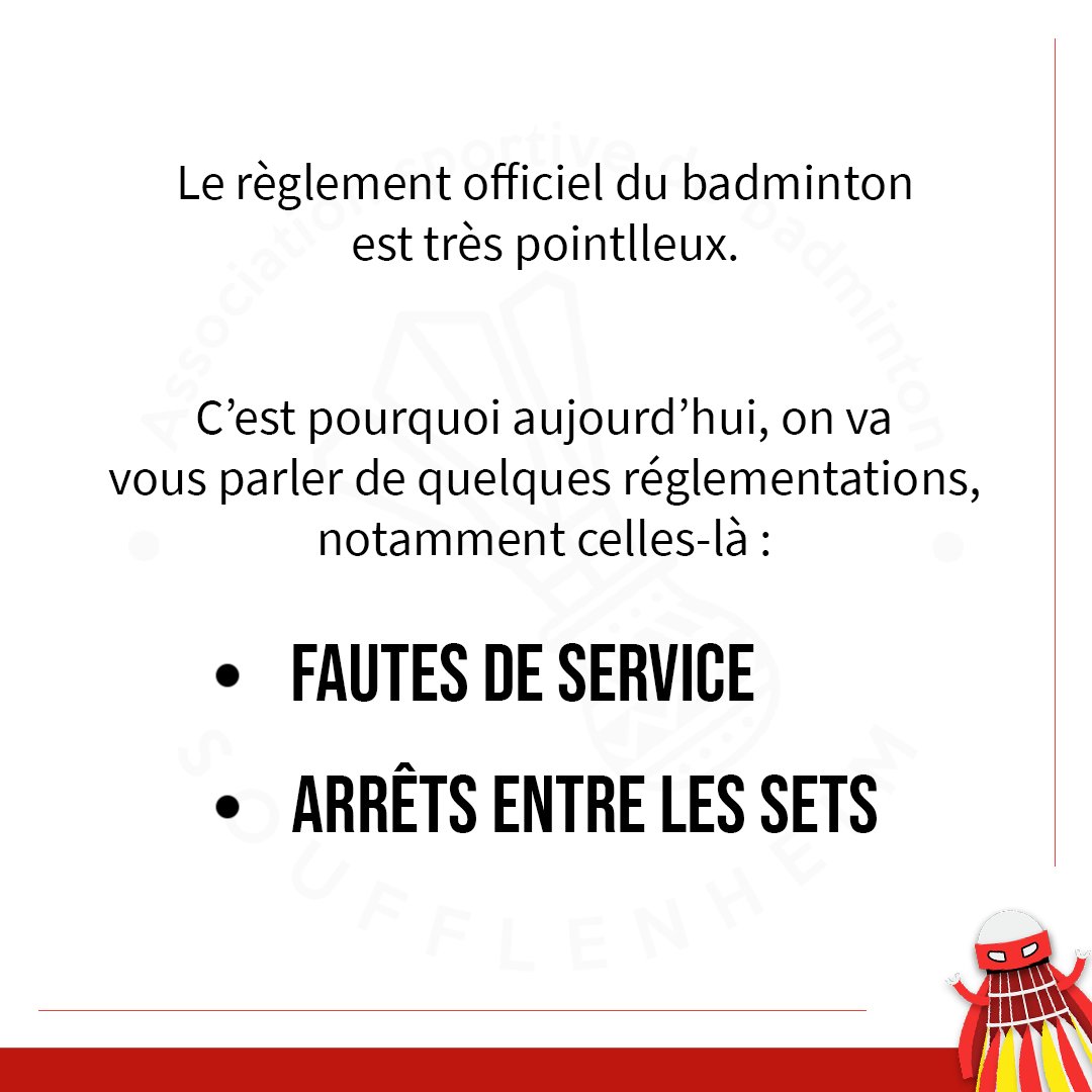 BadSoufflenheim's tweet photo. Super ASBS vous donne des informations bien précises sur le règlement officiel du badminton !

Et aujourd’hui il va s’intéresser aux fautes de service ainsi que sur comment se déroule l’arrêts entre les sets lors d’un match !

@jamygourmaud
#CestBadSorcier #GoASBS 🔴🟡 https://t.co/dyq45No4Ku