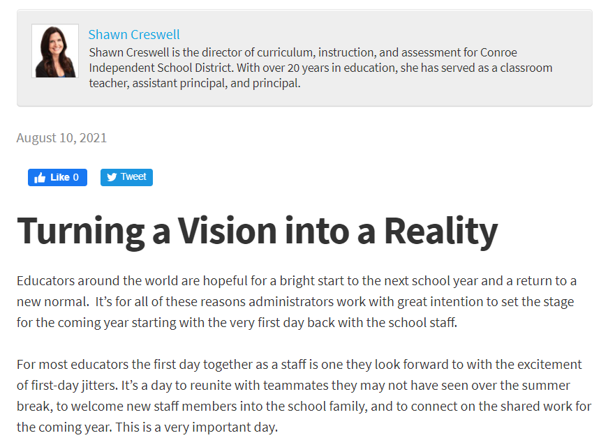 Ask: "Does the entire staff know and understand the shared vision and mission?"

Shawn Creswell is the director of curriculum, instruction, and assessment for Conroe Independent SD. Read her blog post on intentions to set before the first day!

📎 Dig in: bit.ly/3s8qDp6