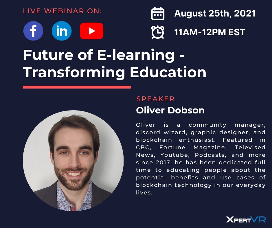 XpertVR's tweet photo. Time to meet our second #panelist Oliver Dobson 👋

He is a community manager, #discord wizard, graphic designer and #blockchain enthusiast. 

Sign-up to join our live webinar: https://t.co/S6LcKUDVv6

#webinar #edech #elearning #vrforeducation #vrfortraining https://t.co/0e6sOSqf6M