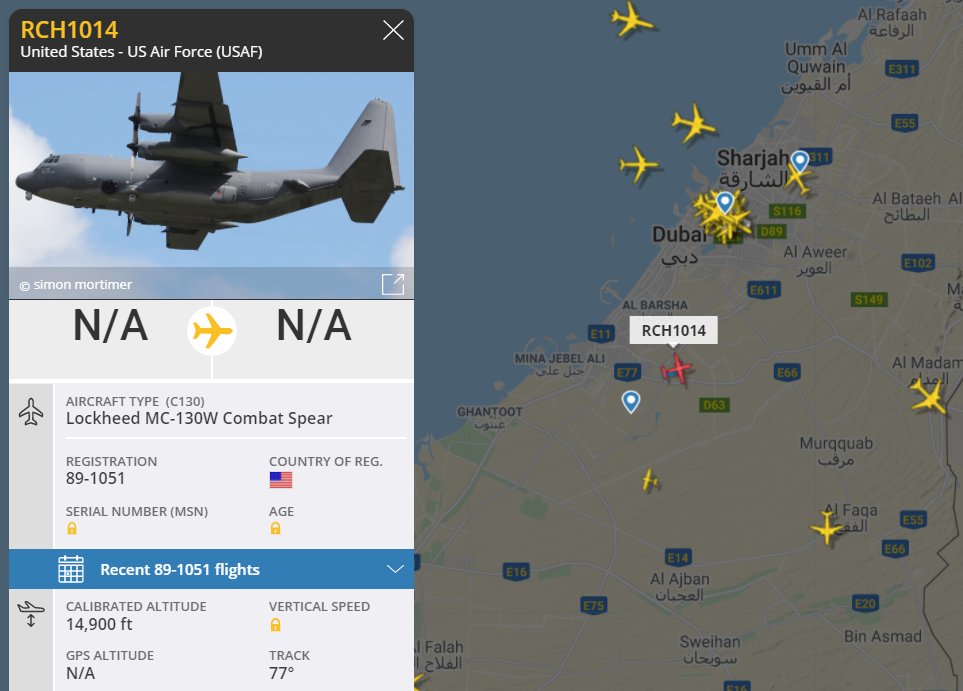 OS_Intel's tweet image. REACH1014, #89-1051, an AFSOC MC-130W, is airborne south of #Dubai, headed towards #Afghanistan on sortie mission
This A/C is used for:
-Insertion, extraction and re-supply of special operations forces
-Specialized ordnance delivery
-Psych Ops (leaflet drops)