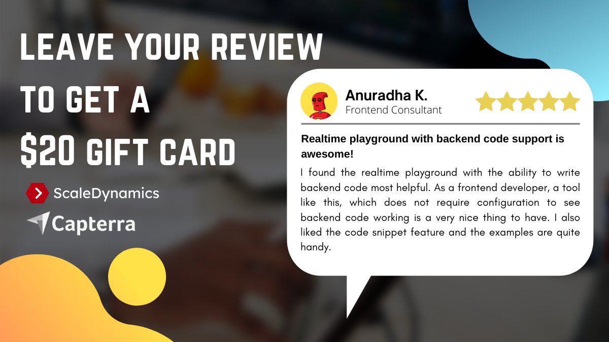 📢Leave a review and get a $20 gift card!
Let us know what you love about our platform and what you think we should work on next!
Share your experience on <a href="/Capterra/">Capterra</a> and help others find their perfect software bit.ly/3eFuaFM 
#capterra #cloud #webdev #JavaScript #Nodejs