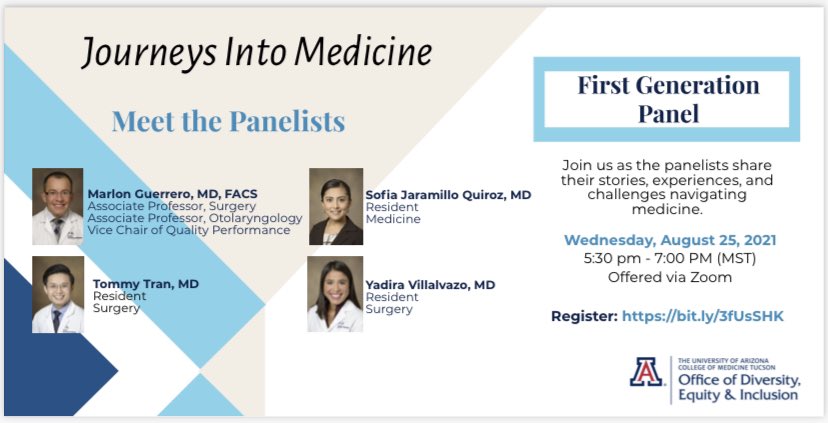 Proud to note our PGY3 Dr. @Sofy_Jar representing as a panelist for “Journeys into Medicine” talking about her experience as a #FirstGen physician. 8/25/2021 at 5:30pm. Thx for your great work in #DiversityAndInclusion, Dr. Jaramillo! @UAZMedicineEdu @UAZMedTucson @LatinasInMed