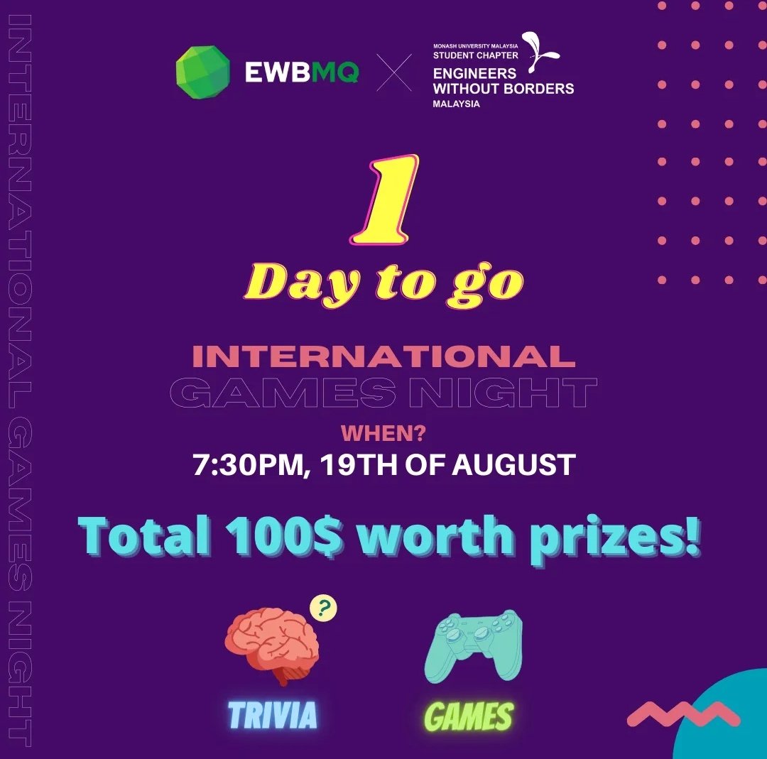 ewbmq's tweet photo. 1 day to go!
Come join our International Games Night with our folks from EWB - Monash University Malaysia! This is a great opportunity to make new connections across cultures, have fun and win awesome prizes!
Thursday, 19th of August at 7:30pm
Register now https://t.co/z6A5zpLPAs https://t.co/KDTLMQ1DYy