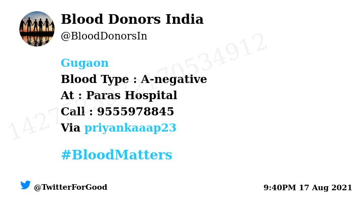 BloodDonorsIn's tweet photo. #Gugaon
Need #Blood Type :  A-negative
Blood Component : Blood
Number of Units : 2
Primary Number : 9555978845
Secondary Number : 8801687355
Patient : Dheer singh 
Via: @priyankaaap23
#BloodMatters
Powered by Twitter https://t.co/z92jixu36R
