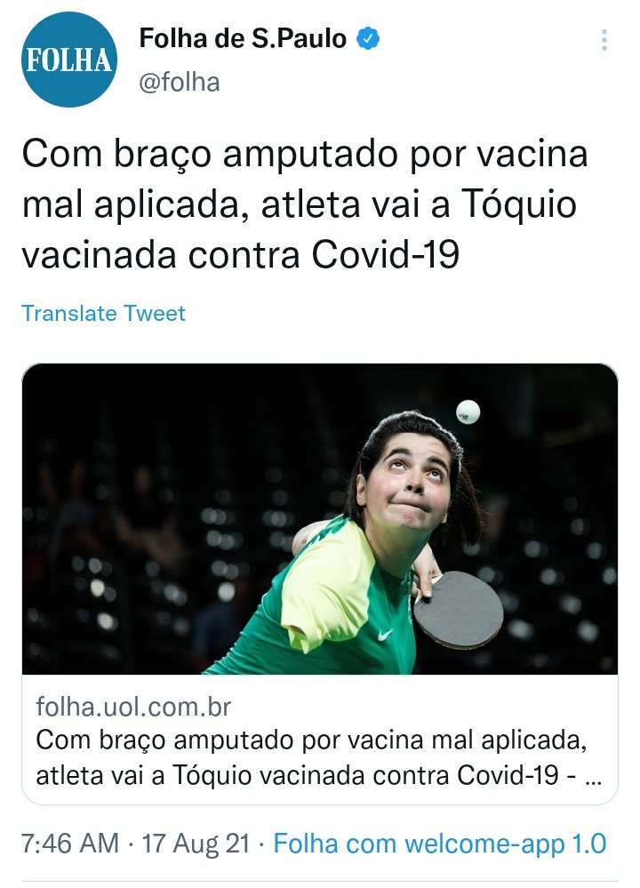 clayton_kr's tweet image. no momento em que literalmente o único assunto do país é a vacina contra covid em adultos, que o presidente ainda tenta sabotar, a folha faz questão de omitir na manchete que a vacina mal aplicada foi quando a atleta tinha 3 meses de idade

eu quero viver pra ver o fim da folha.