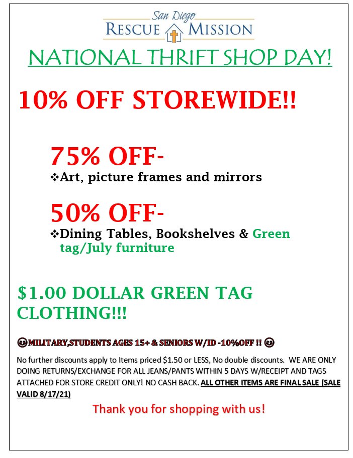 NATIONAL THRIFT SHOP DAY !! WE HAVE A 10%OFF STOREWIDE SALE!! NEW ARRIVALS COMING IN TODAY AS WELL!! 🙂OPEN MON-SAT 9:30AM-5:30PM LOCATED AT 3601 SPORTS ARENA BLVD SD CA 🙂 #NationalThriftShopDay #thriftstorefinds #sandiegorescue #thrift #supportlocalbusiness #newarrivals
