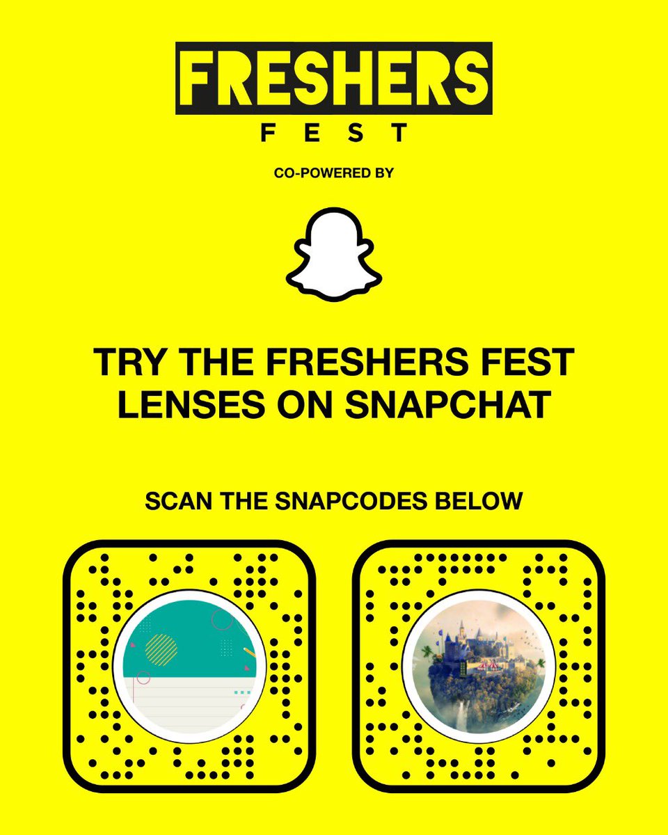 Brand new FRESHERS FEST Snapchat Lenses are here!

Try the exclusive Freshers Fest lenses only on Snapchat.

Lens links
bit.ly/FFLens1
bit.ly/FFLens2

#FreshersFest