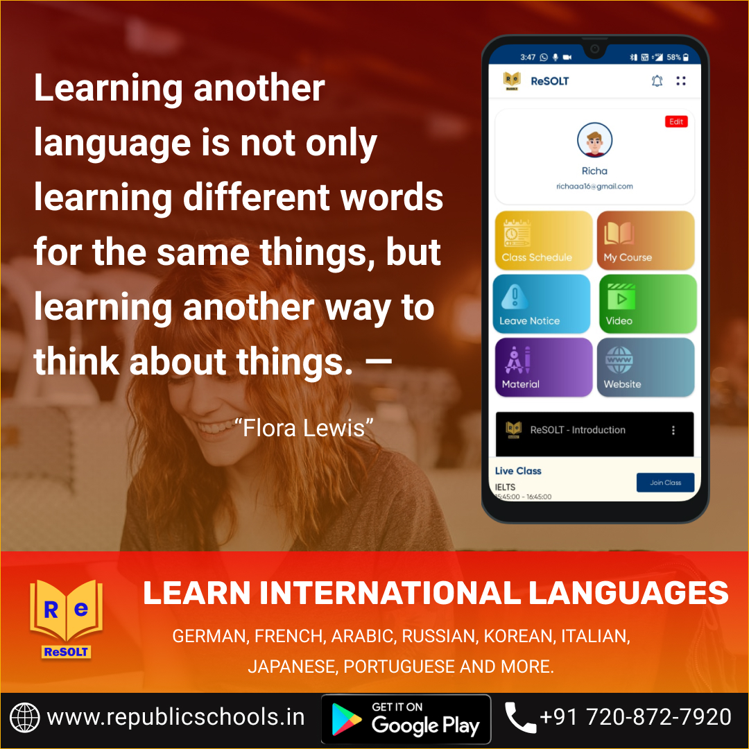 resolt_india's tweet image. Learn international Languages online from ReSOLT!

ReSOLT - Republic School Of Languages &amp;amp; Training is one of the finest language institutions in the world catering to thousands in various countries.

#learnfrench #learnturkishonline #German #speakenglish #germanclasses #arabic