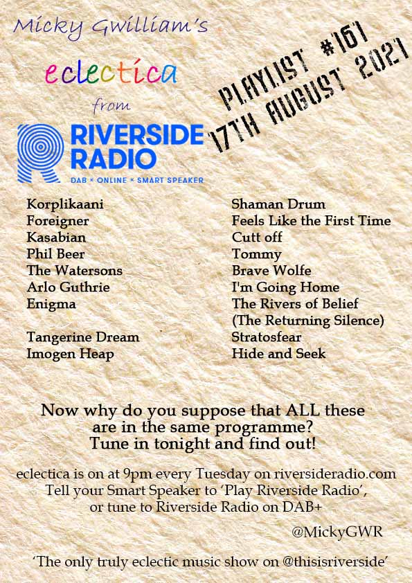 Yet another eclectic mix! Where would you hear all these in one hour? Why, here, of course!