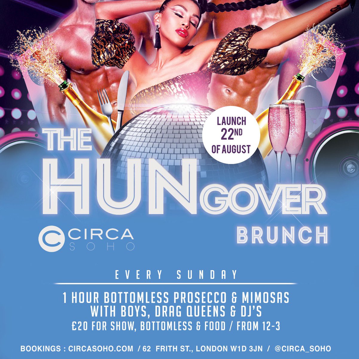 The HUNgover Brunch 🥂

You ok #Hun? Need a Sunday Recovery ?👀

£20 for 3 hours of DJS, Drag Queens &amp; Hot Circa Boy Hosts with 1 Hour Unlimited Prosecco &amp; Mimosas &amp; Brunch Food 

CIRCASOHO.COM for Bookings 🏳️‍🌈🏳️‍⚧️

#DragBrunch #Brunch #London #Soho #BottomlessBrunch