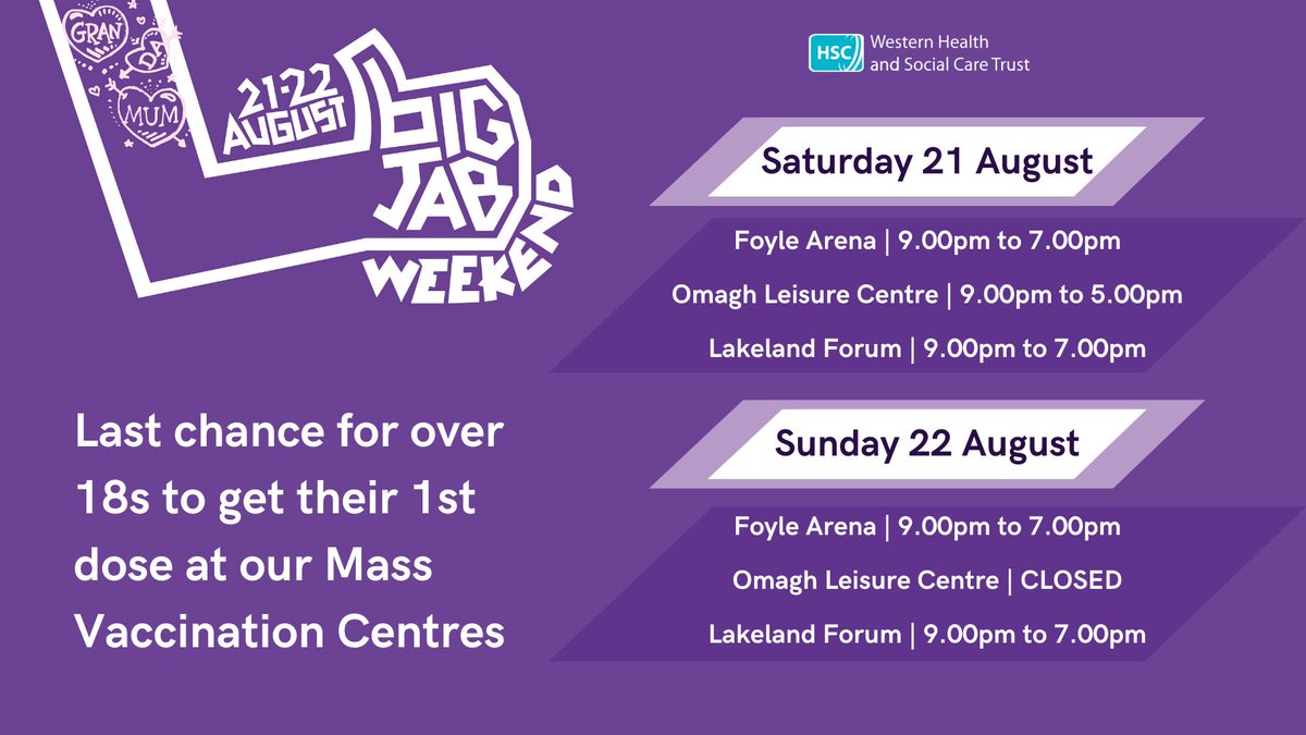 We are reopening our Mass Vaccination Centres to 1st doses this weekend as part of @healthdpt's #BigJabWeekend. This will be the last chance for over 18s to get their first jab at a Mass Vaccination Centre in NI. Read more: bit.ly/WTBigJabWeekend