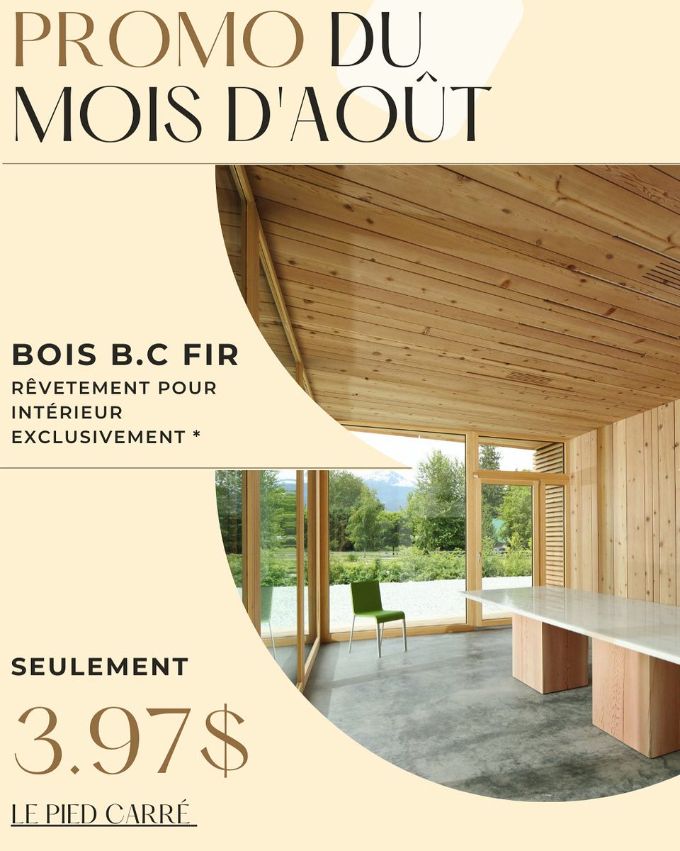 JusteDuPin's tweet photo. Wow ! Une autre belle #promo pour le mois d’août chez #justedupin 🌲 bois 🪵 B.C Fir pour revêtement intérieur, seulement 3.97$ le pied carré ! Les quantités sont limitées 

#sales #manufacturing #wood https://t.co/b0i7NQzzJR