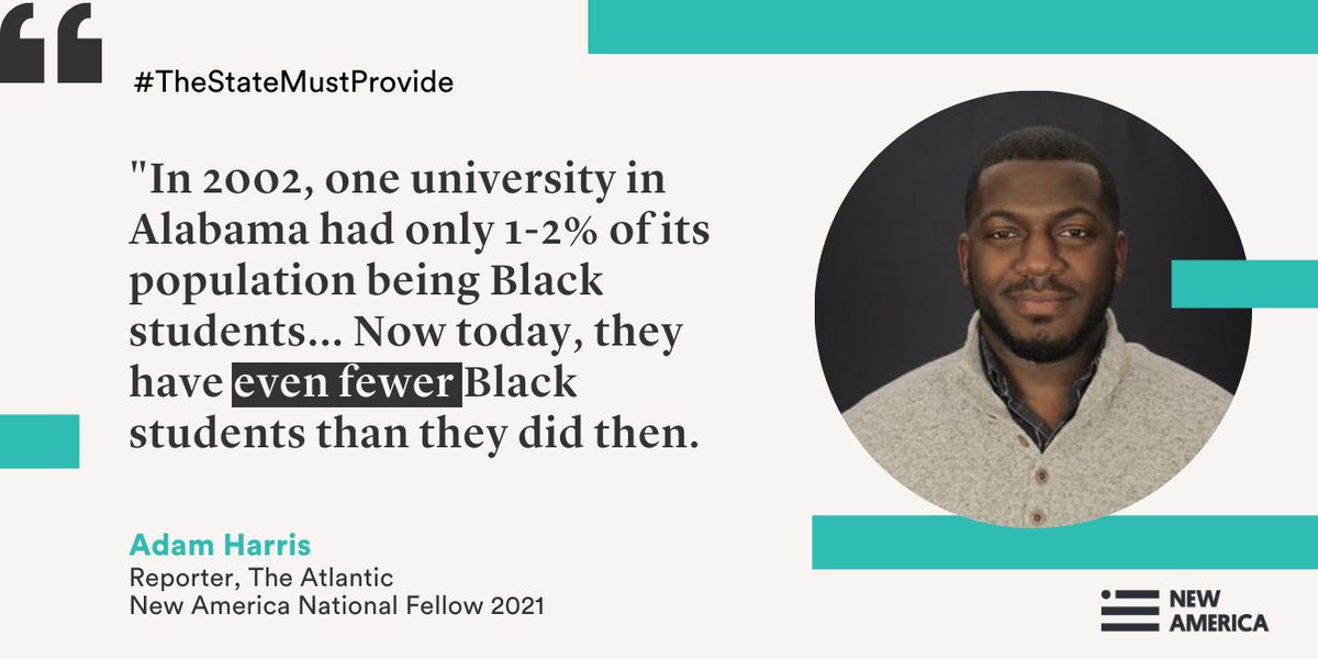NewAmericaEd's tweet photo. Wow. 👇

"In 2002, one university in Alabama had only 1-2% of its population being Black students... Now today, they have 𝙚𝙫𝙚𝙣 𝙛𝙚𝙬𝙚𝙧 Black students than they did then." 

#TheStateMustProvide https://t.co/uDBjBCxFBd