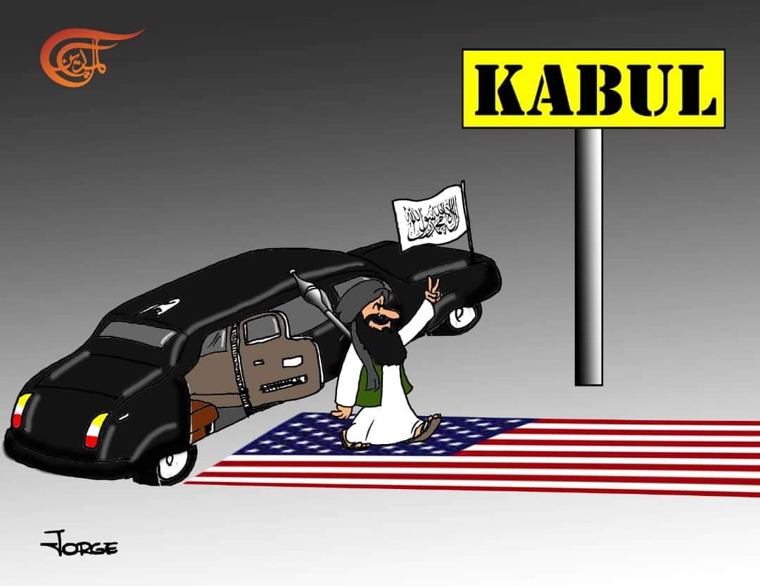 Laila Tajeldine on Twitter: "Talibanes entrando con honores en Kabul. Caricatura @almayadeen_es #Afganistan #EEUU #Talibanes… "