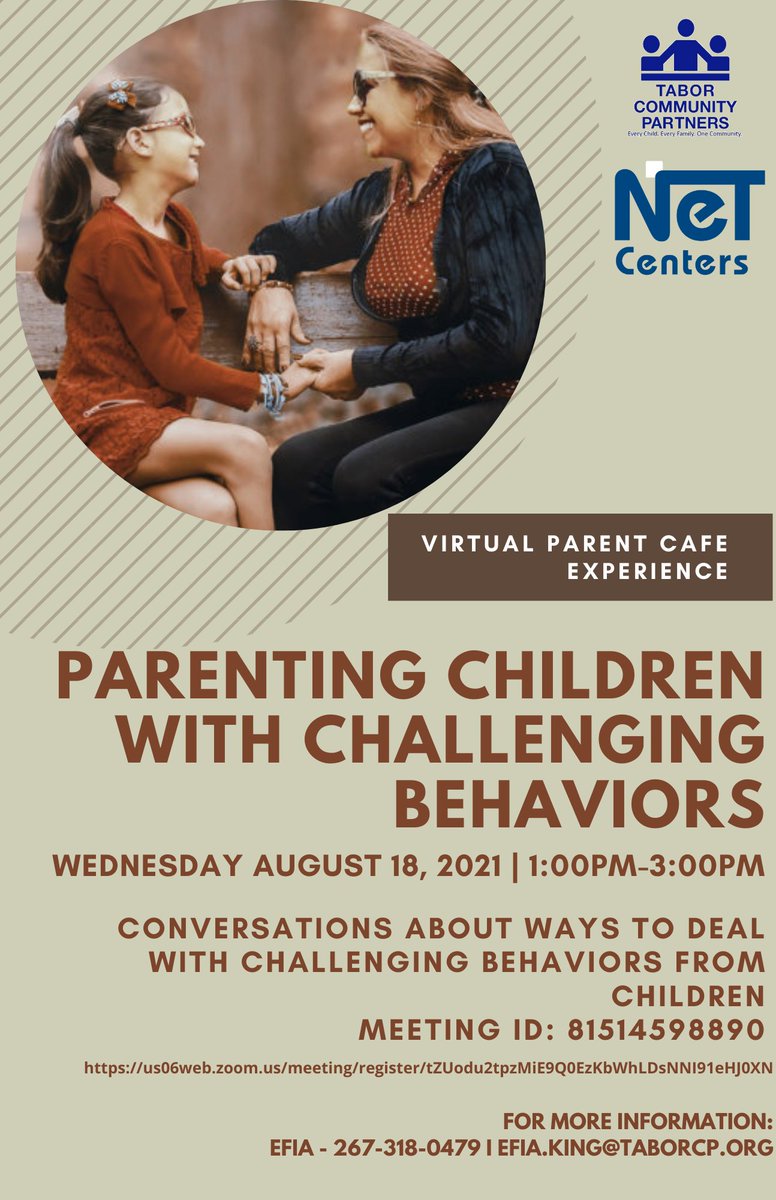 TaborServices's tweet photo. Join us for a conversation about Children with Challenging Behaviors. Parent Cafe's are a safe place for parents to discuss various topics with other parents! 

Click the link below to register! 
https://t.co/3fYBCXkFXN https://t.co/MJZolCSdzb