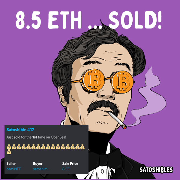 WOWWWWW! Now it is getting crazy!🎉

Satoshible #17 sold for ... 8.5 ETH ($27,038)🤯

One of the original 50!💪

Get yours: opensea.io/collection/sat…

#NFT #NFTs #nftcollector #NFTcollection #NFTartist #NFTGiveaway #NFTauction
